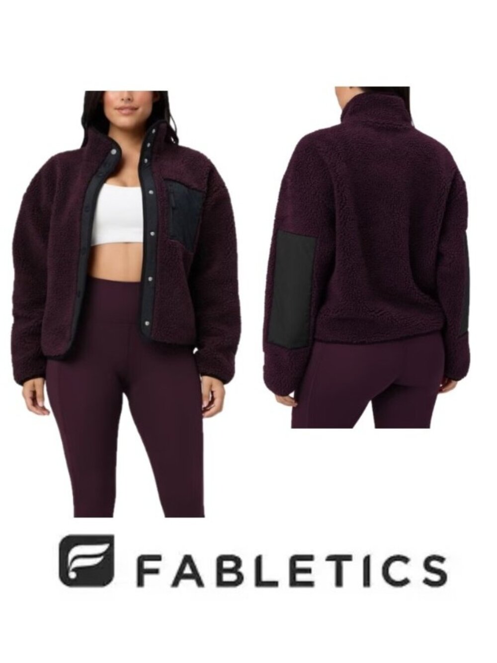 NWT Fabletics Women's Teddy Fleece Jacket, Dark Purple (Oxblood)